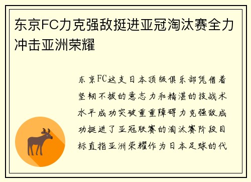 东京FC力克强敌挺进亚冠淘汰赛全力冲击亚洲荣耀