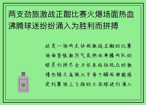 两支劲旅激战正酣比赛火爆场面热血沸腾球迷纷纷涌入为胜利而拼搏
